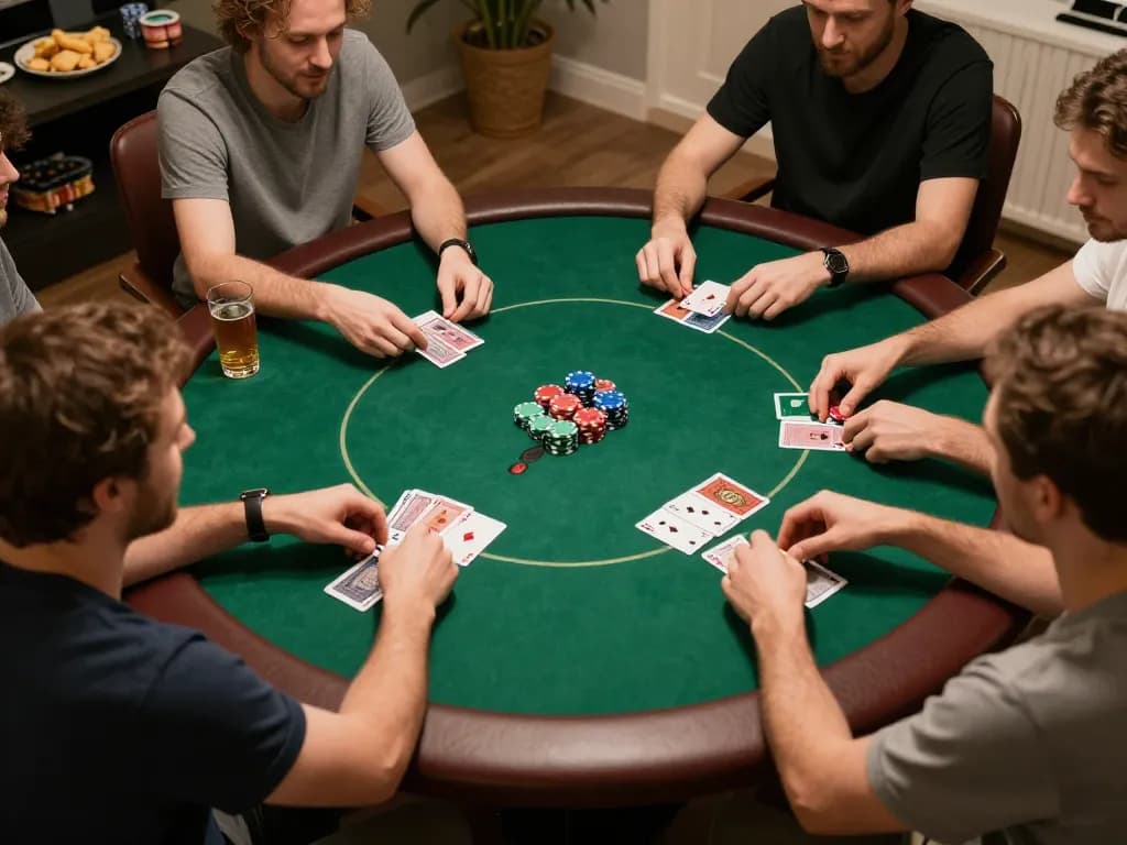 Kèo nhà cái strategy moments captured during a lively poker night with players around a round table.