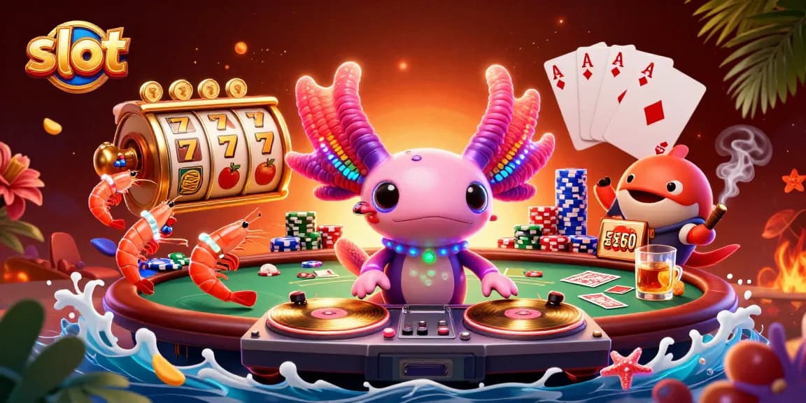 Engaging slot scene featuring vibrant axolotl DJ, lively shrimp, and jackpot-inspired elements.