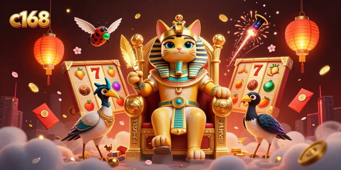Engage with c168's vibrant casino scene featuring a pharaoh cat amidst slot reels and golden symbols.