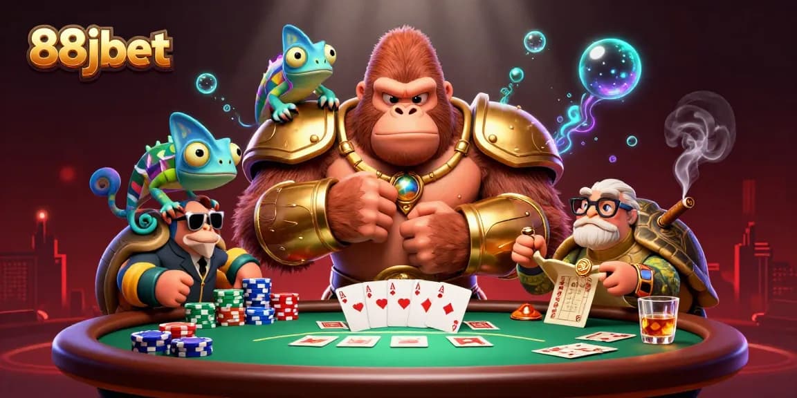 Win big at 88jbet with a powerful gorilla king and colorful gambling elements.