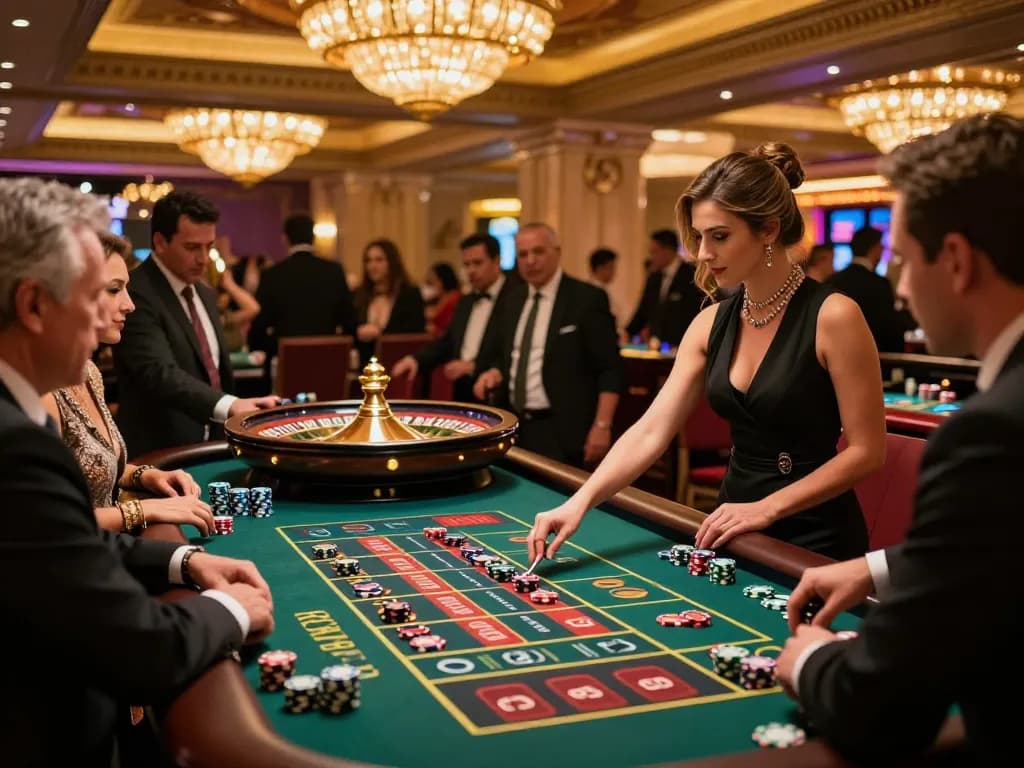 Players seeking winning strategies at 77WIN's luxurious roulette table in a glamorous Vegas casino.