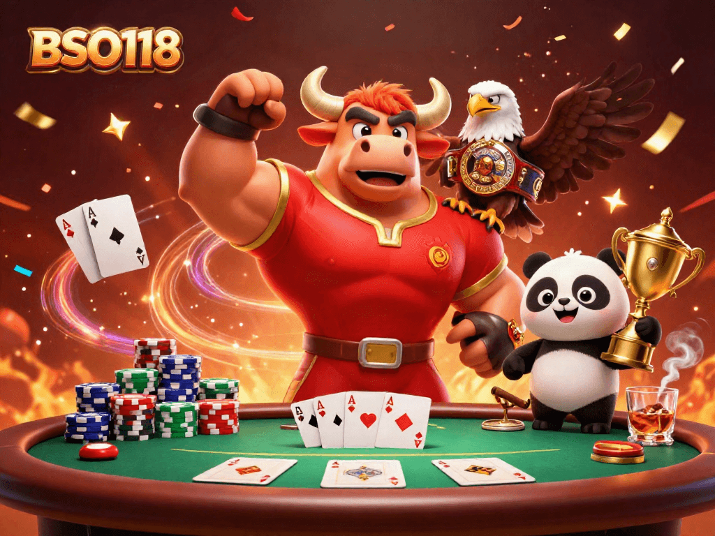 Engage in exciting poker action with BSO118's colorful celebration featuring diverse casino characters.