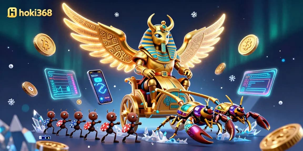 Experience winning excitement with hoki368, a dynamic casino scene featuring golden scarab beetles and poker elements.
