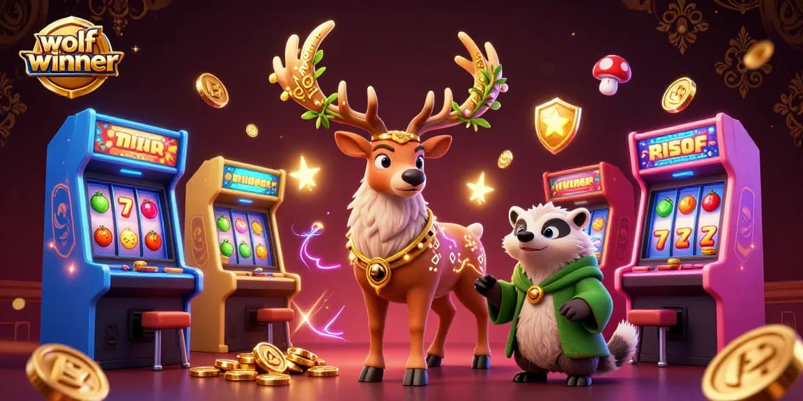 wolfwinner's vibrant scene showcases a Celtic druid stag surrounded by arcade games and slot elements, celebrating gaming.
