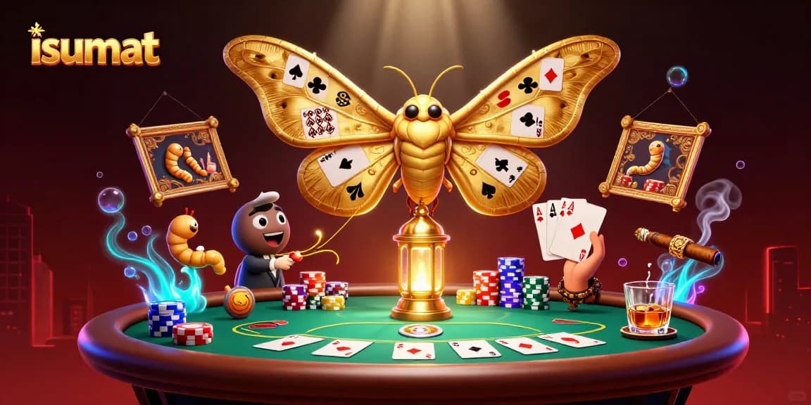 Experience the vibrant energy of isumat with a dynamic casino scene featuring an atlas moth and poker elements.