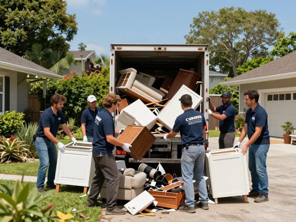 Professional junk removal services team loading old furniture and appliances into a truck during bright daylight.