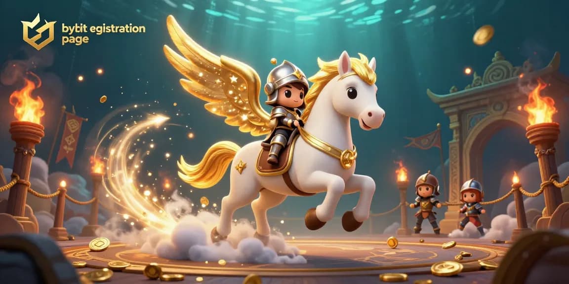 Experience the thrilling bybit registration page with a vibrant 3D illustration of a celestial horse and knight.