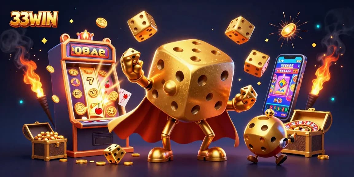 Experience thrilling wins at 33WIN with a vibrant casino scene featuring gold dice and a slot machine.