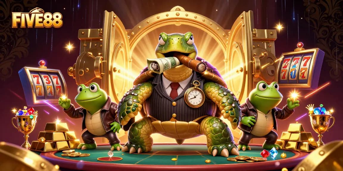 Engage with FIVE88's vibrant casino adventure featuring a snapping turtle and bullfrog enforcers.