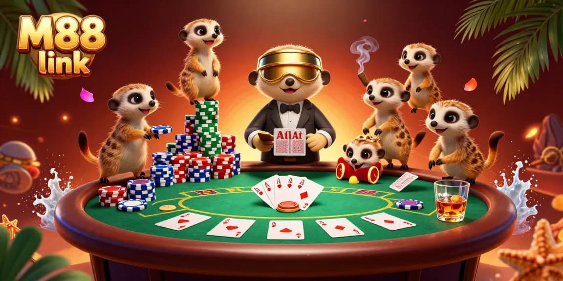 Engage with the M88 link casino scene of meerkats managing games amidst vibrant poker action.