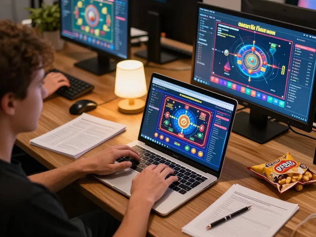 Engaged player strategizing on mk8th casino interface during a cozy home gaming session