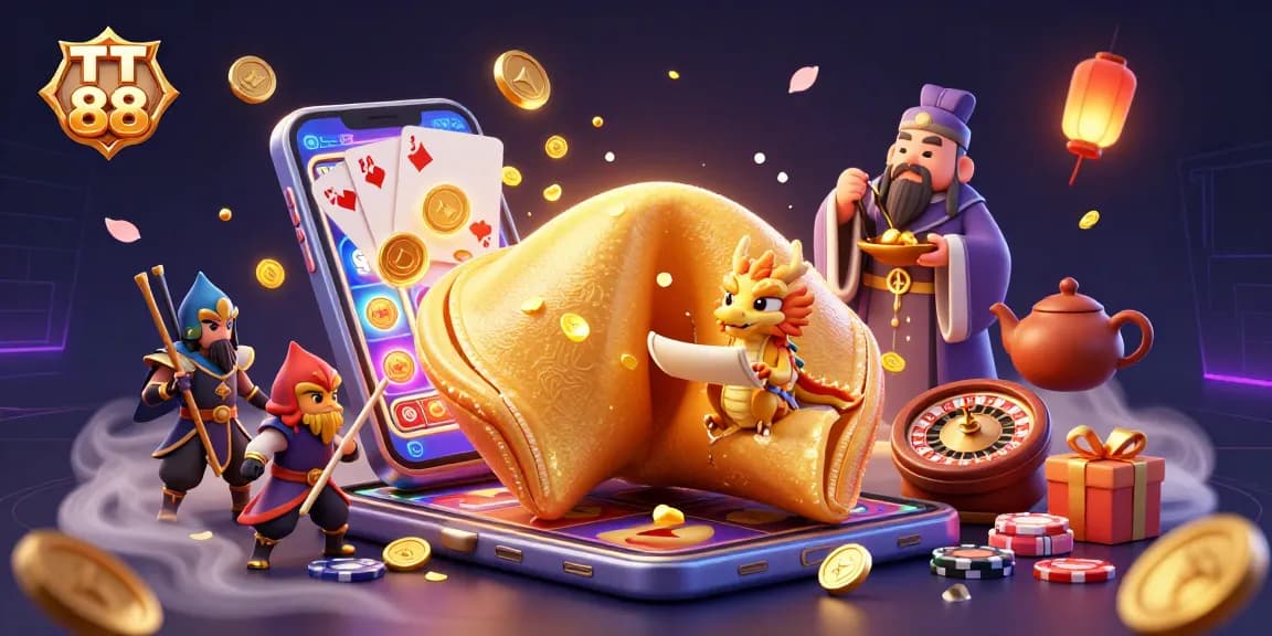Win big at TT 88 with a lively casino scene featuring a golden fortune cookie and dragon amidst games and treasures.