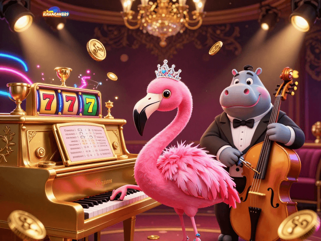 Experience KENANGAN889 with vibrant slot gameplay illustrated by a remarkable 3D scene featuring characters and gaming elements.