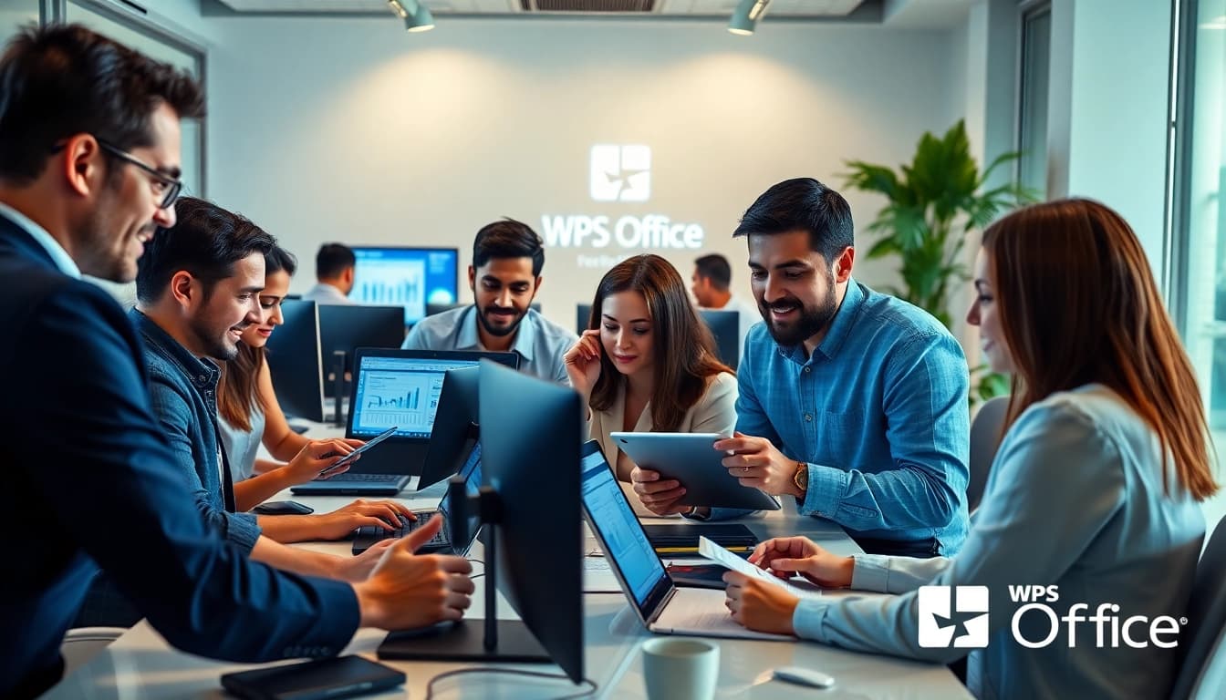 在专业人士协作使用WPS Office的吸引人办公室环境中的wps下载
