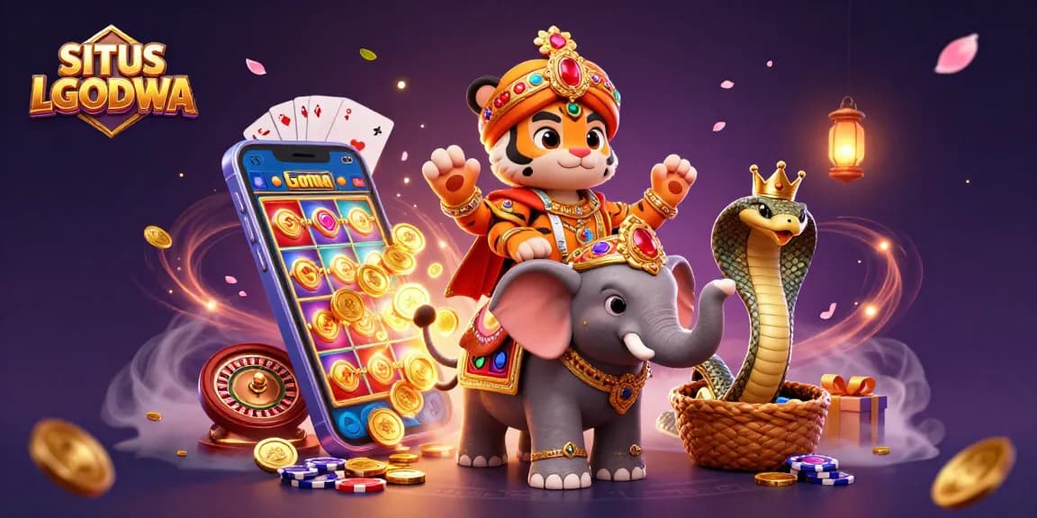 Experience high-stakes excitement with SITUS LGODEWA's dynamic casino scene featuring a maharaja tiger, a jewel elephant, and thrilling gaming elements.