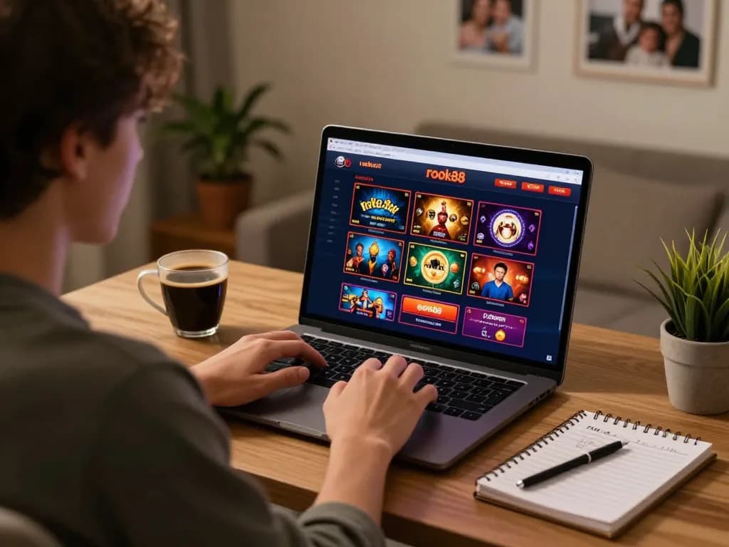 Engaging in online gaming with rokok88 on a laptop, showcasing a comfortable home environment.