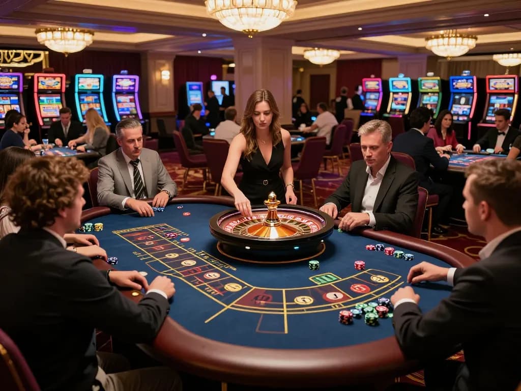 Experience thrilling gameplay at FLY88 roulette table with eager players and vibrant ambiance.