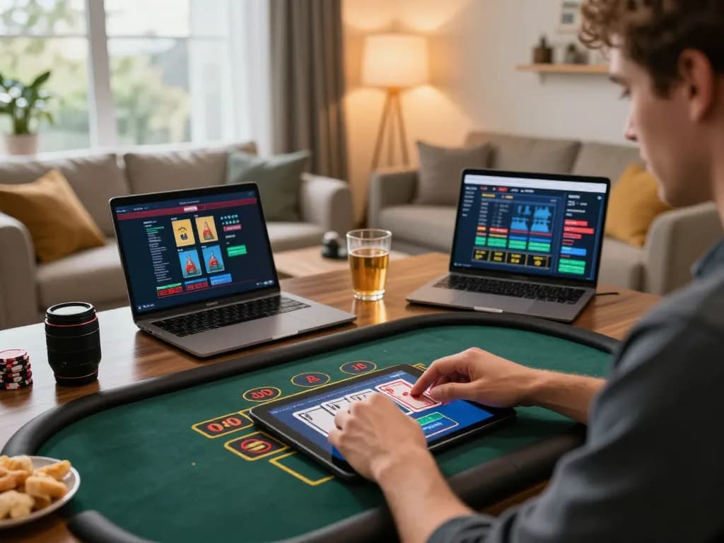 Player enjoying sc88's live dealer game on tablet, cozy home setup with strategy notes visible