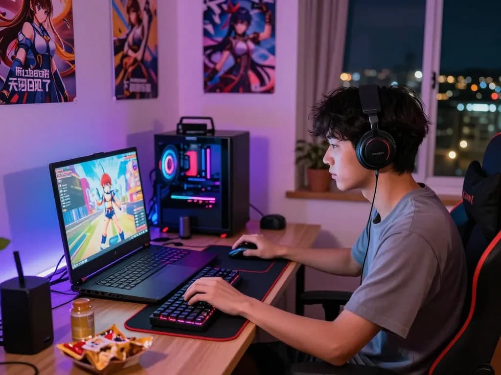 Immersive atmosphere of a player enjoying a hentai game on a gaming laptop in a creatively lit bedroom.