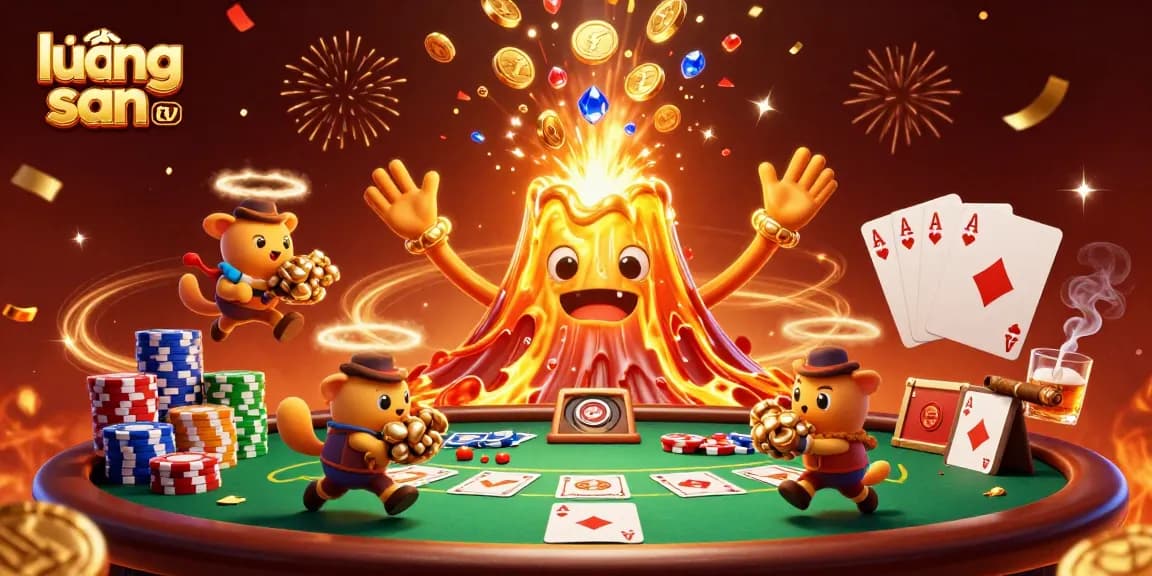Experience thrilling moments with lương sơn tv in a vibrant 3D illustration of a golden volcano erupting treasures.