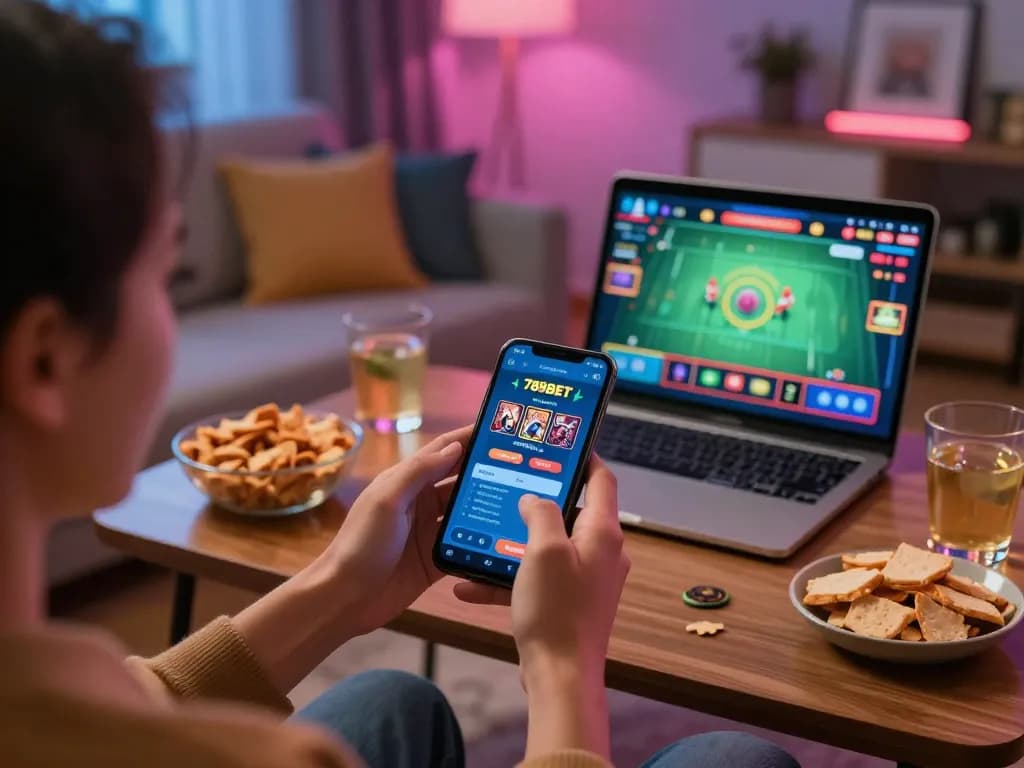 Players enjoying 789BET mobile casino games in a cozy, modern living room atmosphere with colorful lighting.