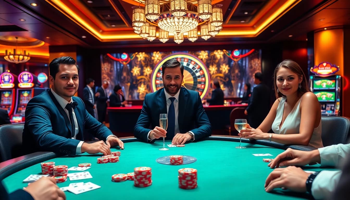 Players enjoying a strategic game at OK365's luxurious casino poker table.