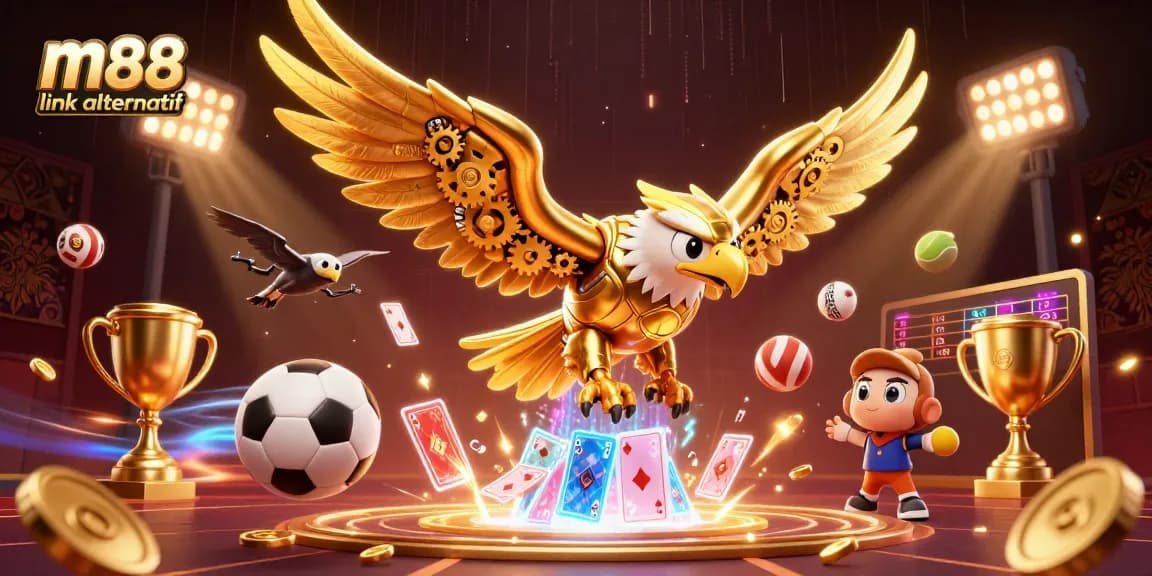 Win big with m88 link alternatif featuring a cybernetic eagle amidst dynamic sports betting elements.