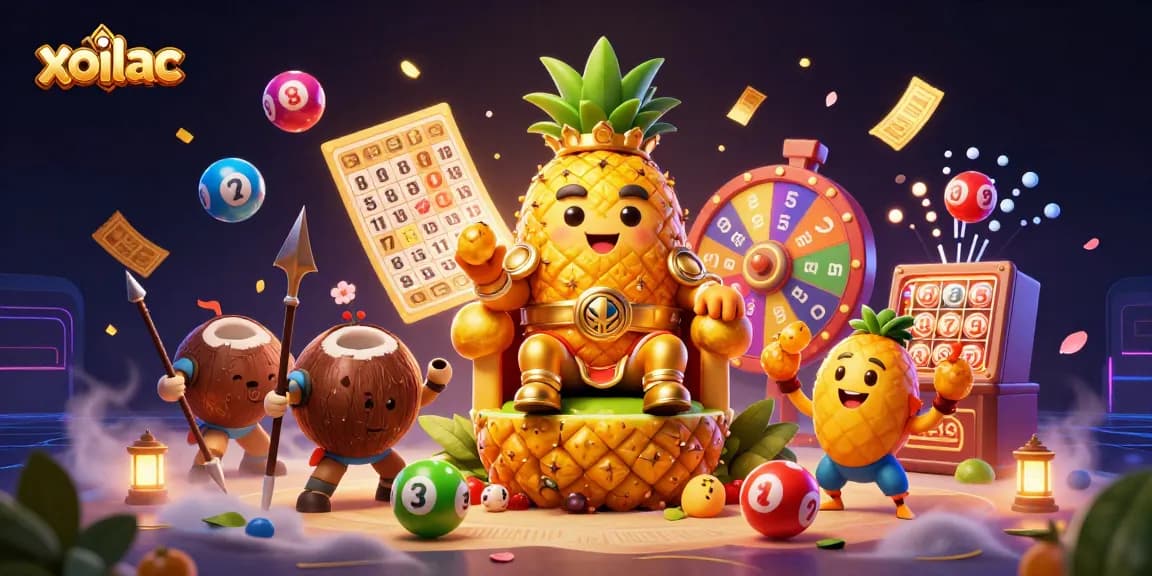 Experience the excitement of gambling with xoilac's vibrant 3D casino scene featuring a pineapple king and energetic elements.
