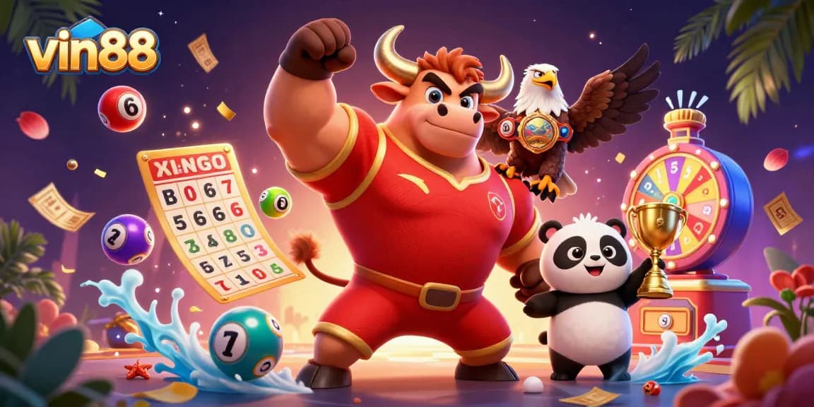 Engage with vin88's vibrant 3D casino digital scene featuring a bull mascot, eagle, and panda, surrounded by lottery elements.