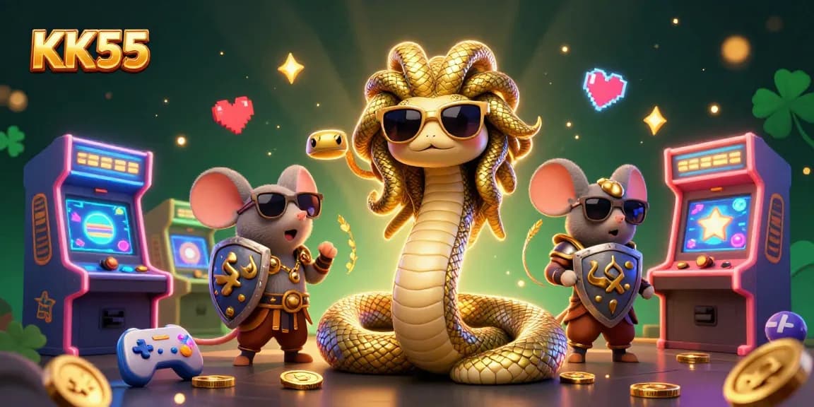 KK55 players enjoy a vibrant casino scene with friendly Medusa, arcade elements, and glowing game symbols.