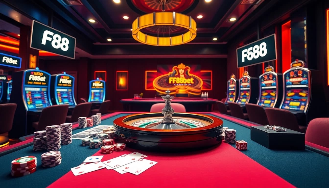 Players enjoying high-stakes poker at F88bet casino, surrounded by vibrant casino elements.
