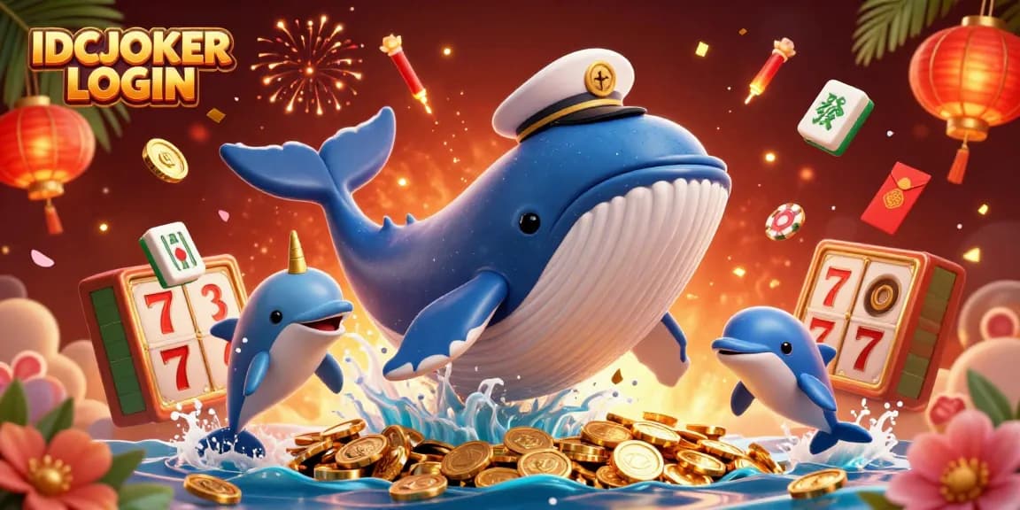IDCJOKER LOGIN showcases a vibrant 3D casino scene with a whale and dynamic game symbols.