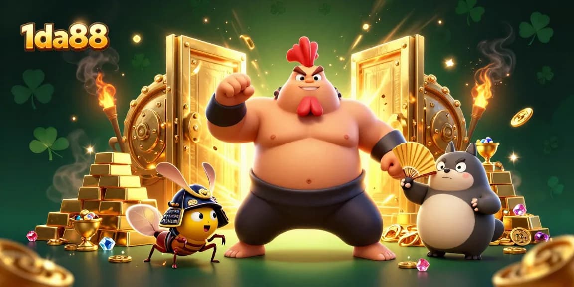 Experience thrilling action with 1da88 as a sumo rooster confronts a cricket and tanuki, surrounded by treasures.