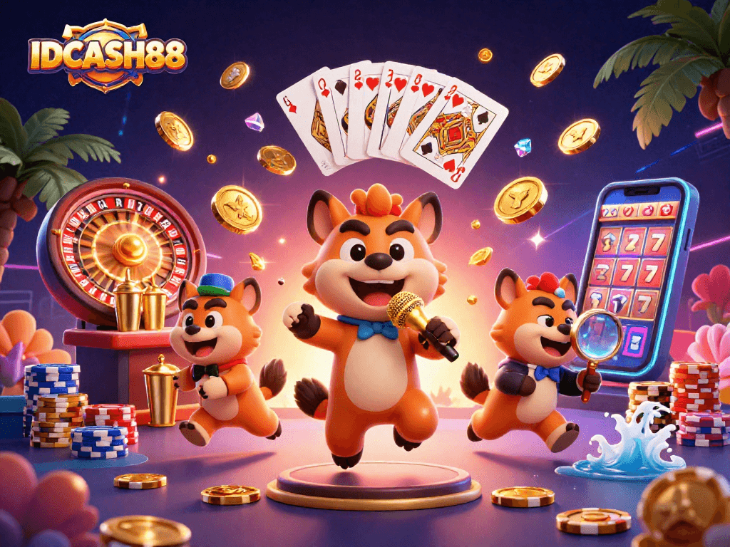IDCASH88 casino scene with hyenas as comic performers, sparkling gems, and a vibrant atmosphere