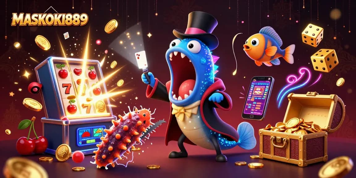 Experience thrilling casino action with MASKOKI889 featuring animated characters and vibrant slot machines.