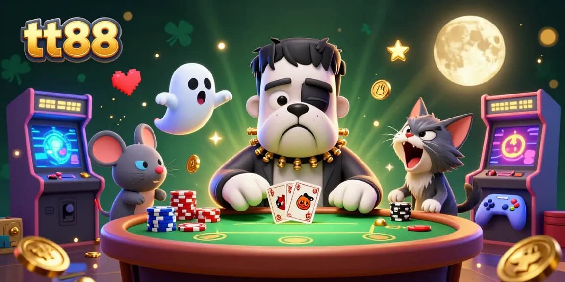 Engage with tt88 as a Frankenstein bulldog monster deals cards in a casino-themed 3D illustration.