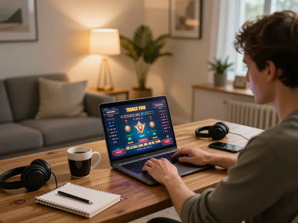 Engaging in a strategic online game session on ok win with laptop featuring casino games and betting strategies.