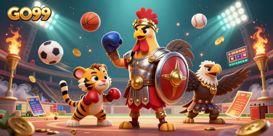 Engage with GO99 in this high-energy casino scene featuring a gladiator rooster and dynamic sports elements.