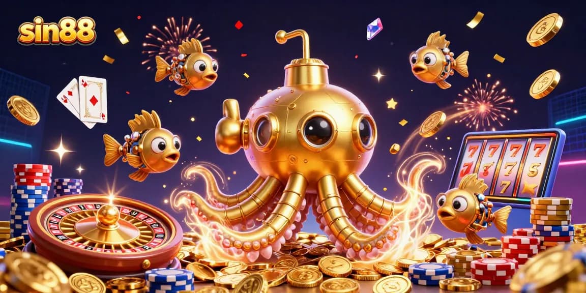 Enjoy dynamic gameplay with sin88, featuring a 3D golden kraken submarine among vibrant casino elements.