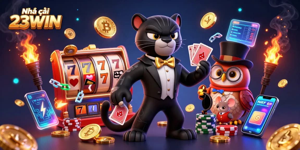Engage in thrilling play at Nhà cái 23WIN, where a suave panther deals cards surrounded by jackpot symbols.