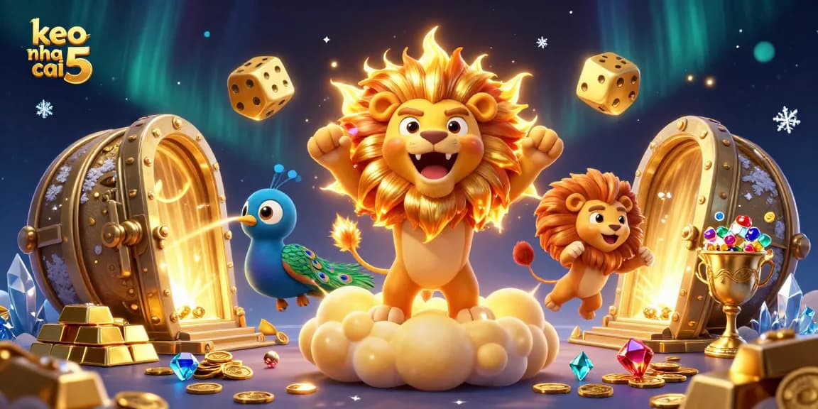 Engage with keo nha cai 5's vibrant world of betting, featuring majestic golden lion, dynamic gambling elements, and luxurious treasures.