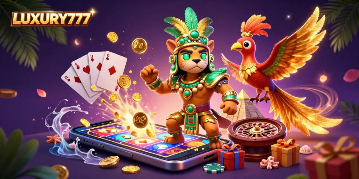 Permainan slot LUXURY777 yang menguntungkan, berhiaskan karakter dan elemen kasino yang menarik.
