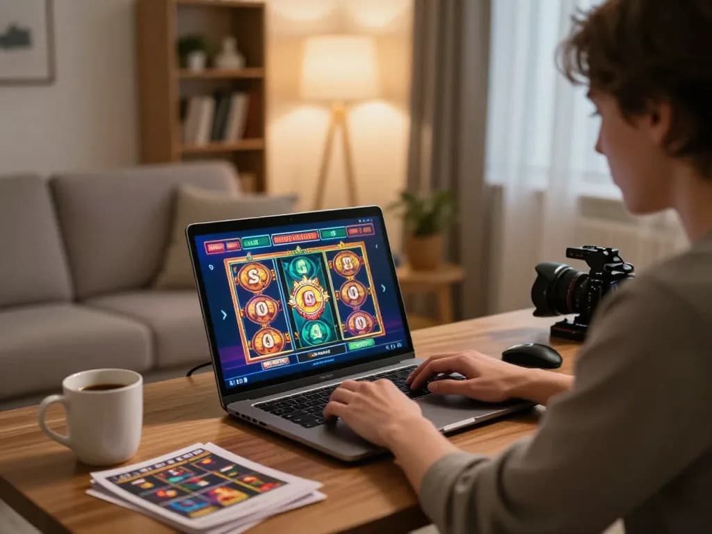 Engaging player enjoying online slots on laptop at home, showcasing 789pp gaming strategy.