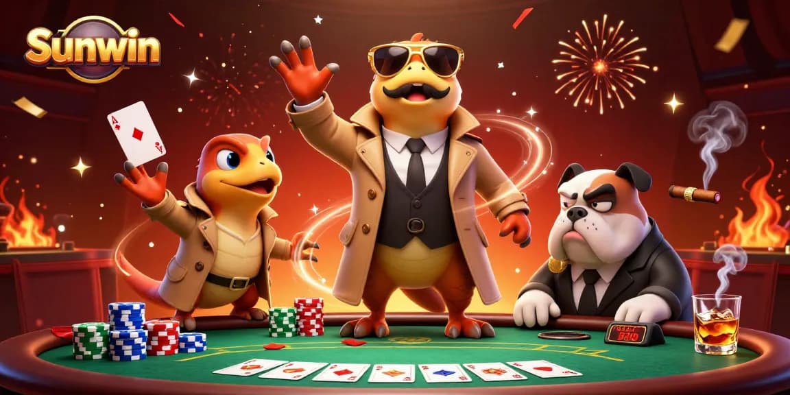 Sunwin raptors equipped with poker chips, entering a vibrant casino with a suspicious bulldog bouncer.