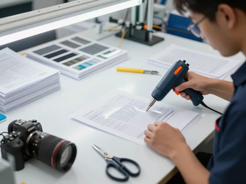 Bóc ép plastic process displayed with technician delicately removing plastic from documents in a modern workshop.