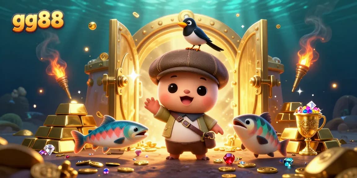 Experience winning thrills at gg88 with cartoon characters amid a treasure-filled scene.