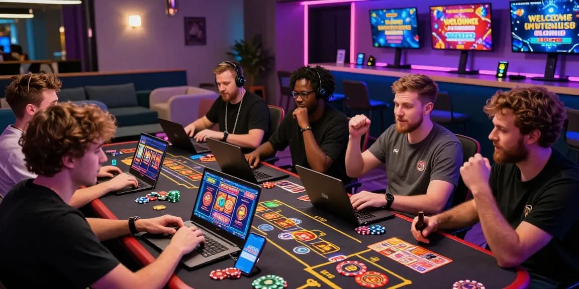 A lively gaming lounge scene featuring British players enjoying non-UK casino games at https://sssk.org.uk, surrounded by vibrant digital displays and engaging game interfaces.