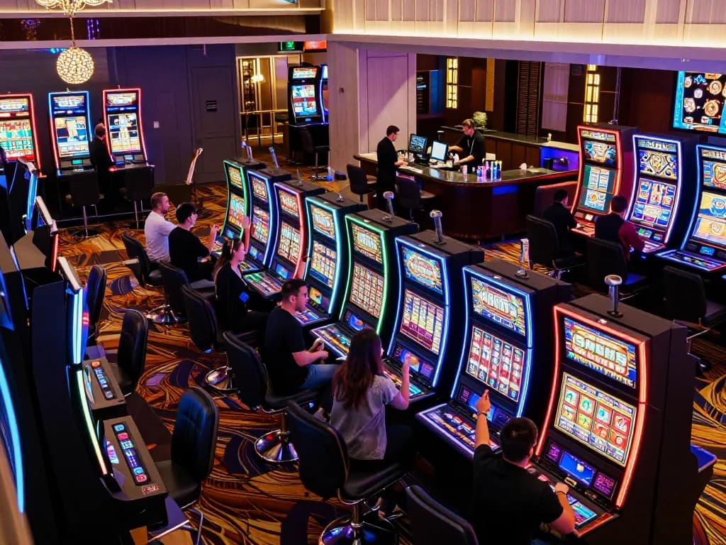 SUNWIN slot machines in action with players celebrating a big win, creating a vibrant casino atmosphere.