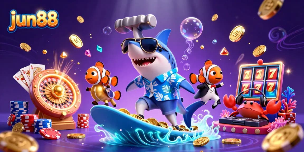 Engage with jun88's thrilling casino scene featuring a shark, clownfish, and DJ amidst a cascade of vibrant gambling elements.