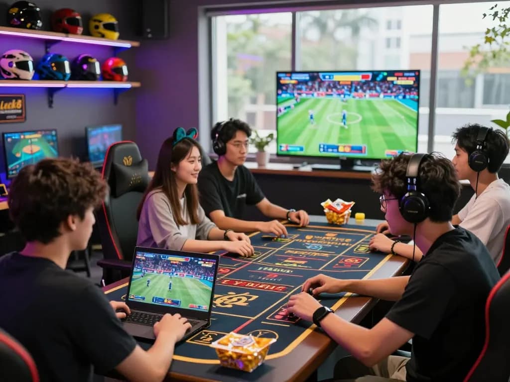 Gamers engaging in various online betting activities at Luck8, showcasing a vibrant atmosphere filled with digital displays and snacks.